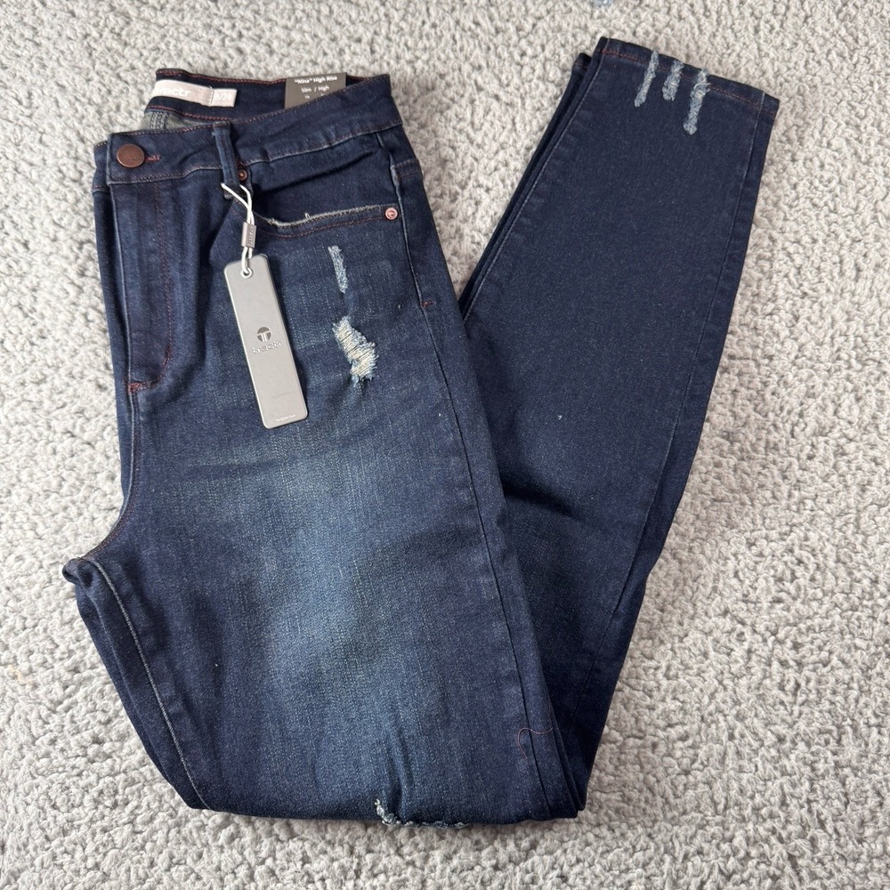 Tractr Nina High Rise Indigo Dyed Distressed Dark Blue Jeans Sz‎ 6/28 NWT